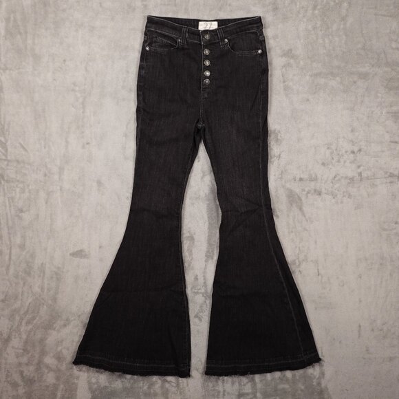 Free People jeans high rise flare women's 27 black denim button fly raw hems - Picture 1 of 11